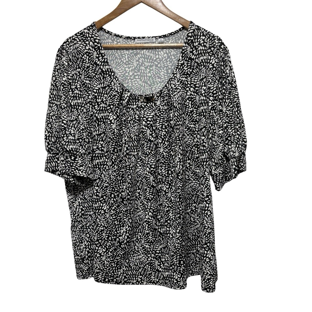 Notations Blouse Womens 3X Plus Black Geometric Stretch Knit Short Sleeve Top